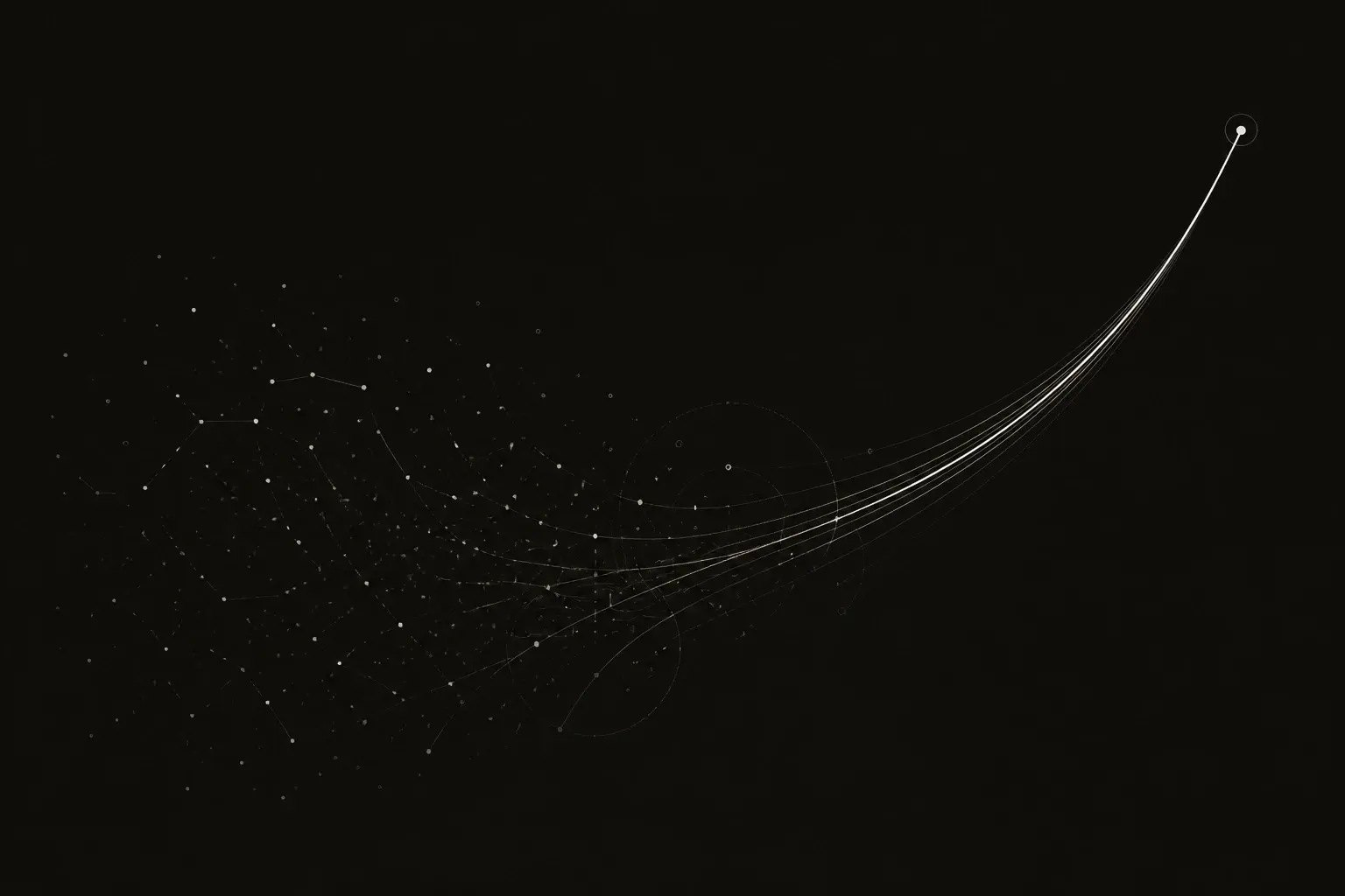 Scattered dots fall into line along a rising curve: motif of the success story