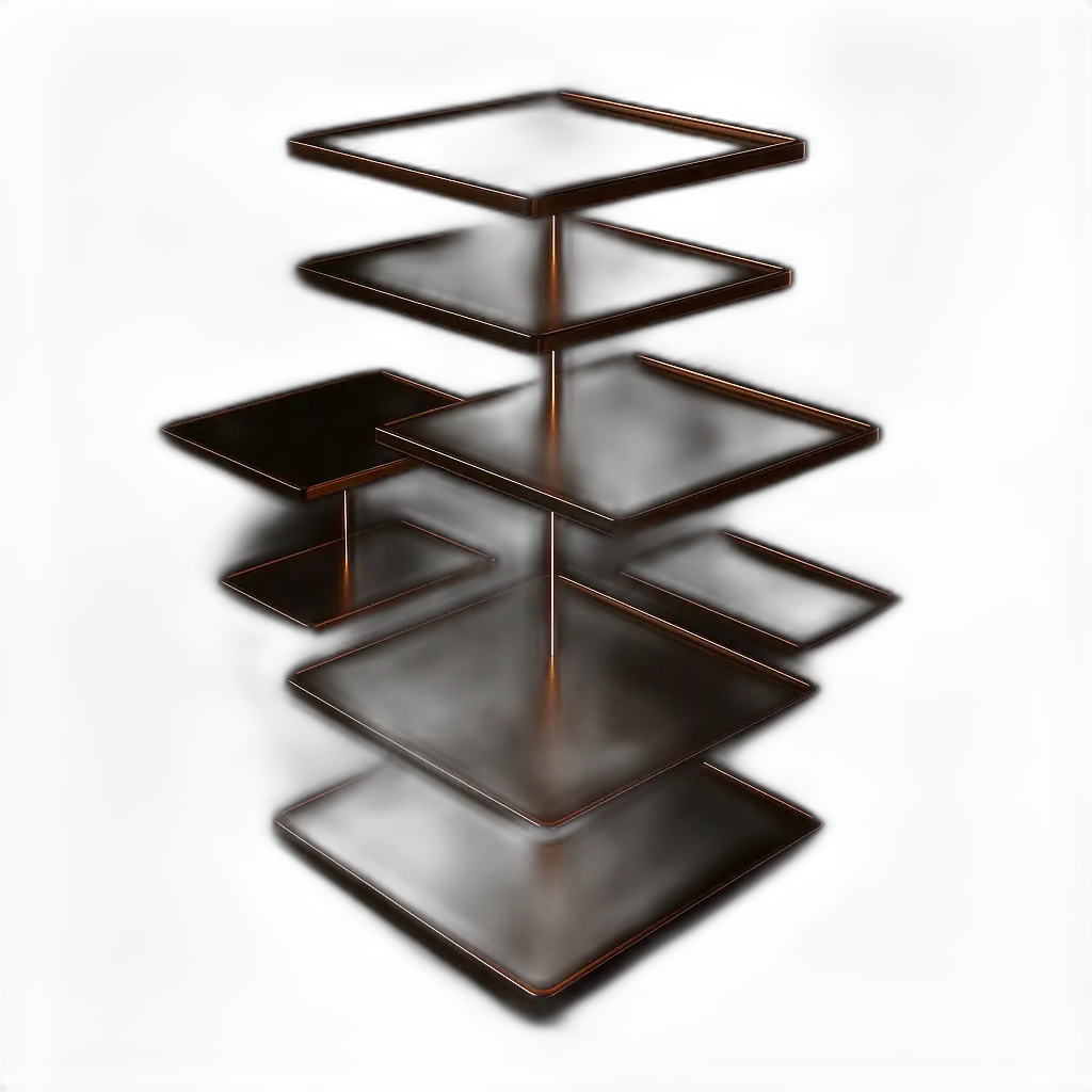 Stacked levels of frosted glass with bronze edges, joined by a fine axis