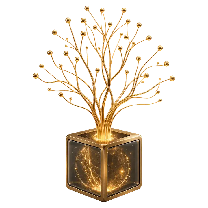 Baum aus goldenen Ästen, der aus einem kleinen Glaswürfel wächst