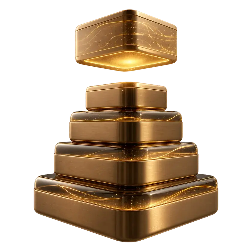 Gestufter Turm aus Bronzeblöcken, der oberste schwebt leuchtend darüber, als Bild von Wissen, das aufgebaut und übergeben wird
