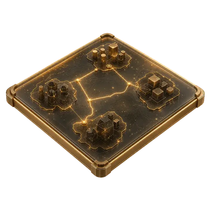 Tafel aus Rauchglas mit Bronzerahmen, auf der Bronze- und Glasblöcke in Zonen angeordnet und mit Goldlinien verbunden sind
