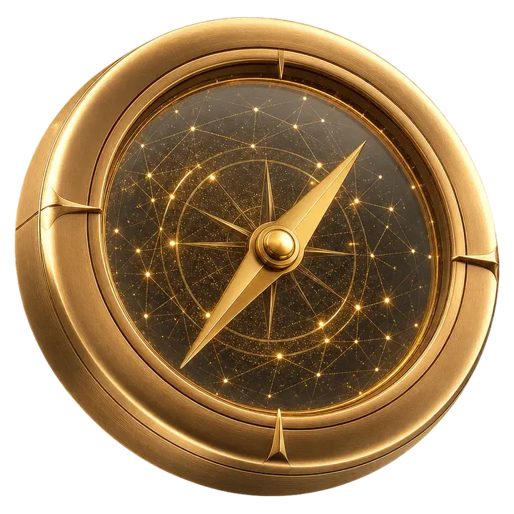 Kompass aus Bronze mit gläsernem Zentrum und goldenem Netz