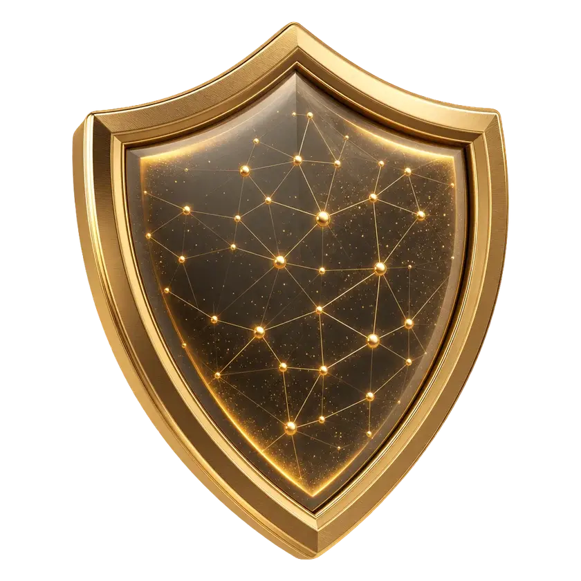 Schild aus Rauchglas mit Bronzerahmen und leuchtendem Goldnetz im Inneren, als Bild einer gesteuerten Datenstrategie
