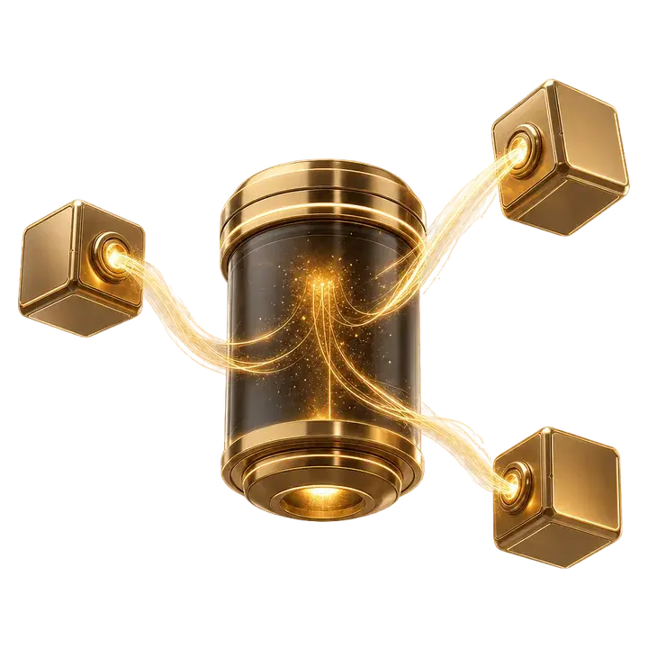 Cylinder of smoked glass with bronze rings, from which gold threads lead to three bronze cubes