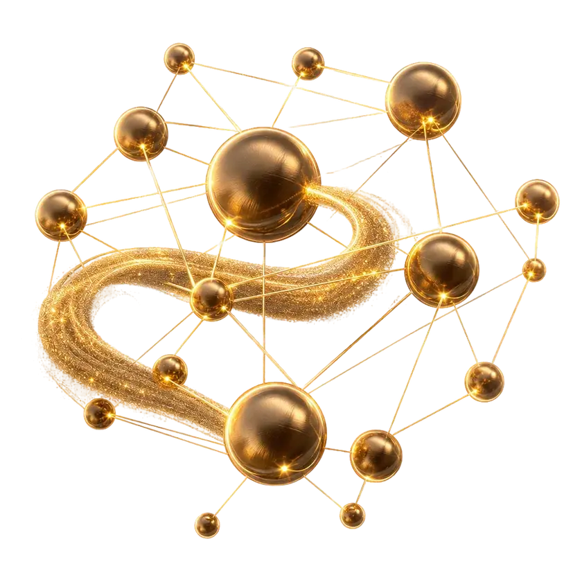 Network of bronze spheres with gold lines, with a ribbon of gold dust flowing through it, as an image of data flows