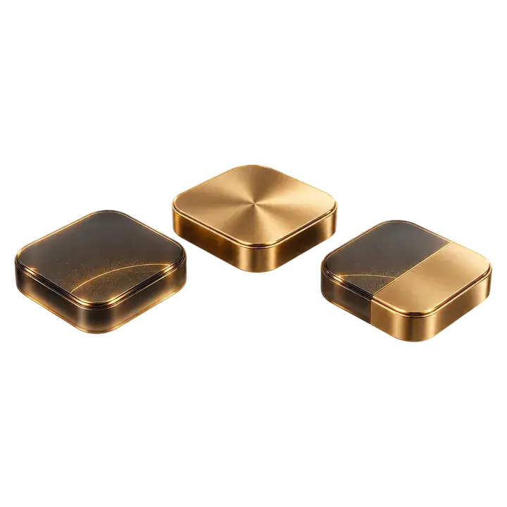 Drei Plattformen aus Glas, Bronze und beidem nebeneinander, wie drei Optionen zur Auswahl