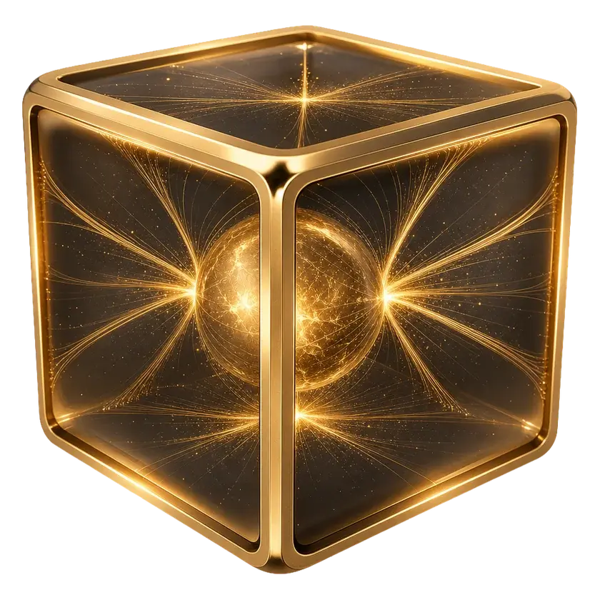 Glaskubus mit Goldkanten und leuchtendem Kern, von dem feine Goldfäden ausgehen, als Bild von KI, die zu den Daten kommt
