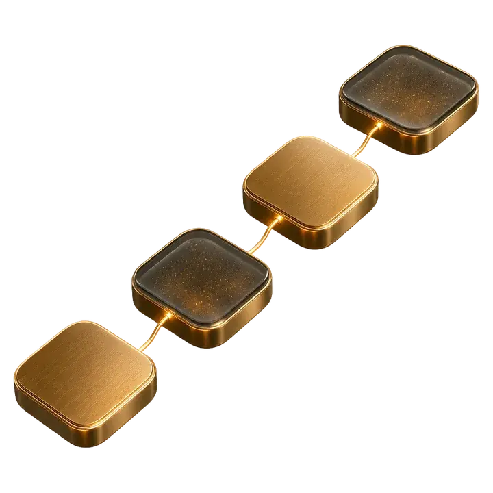 Four rising step plates of bronze and glass, connected by a gold line