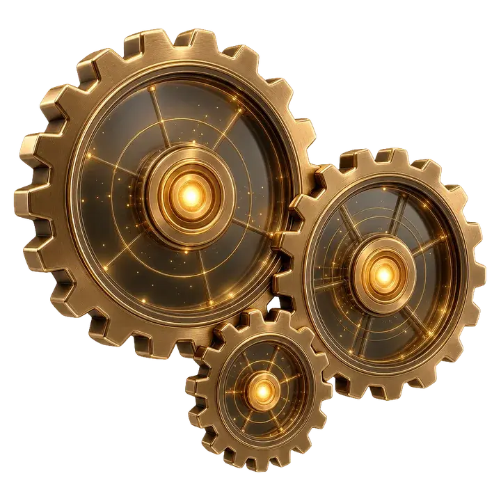 Three interlocking bronze gears with glowing hubs