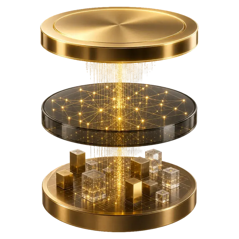 Drei schwebende Ebenen: oben eine Metallscheibe für die Führung, in der Mitte Rauchglas mit goldenem Datennetz, unten eine Bronzeplattform mit Bausteinen; ein Goldstrom verbindet alle Ebenen