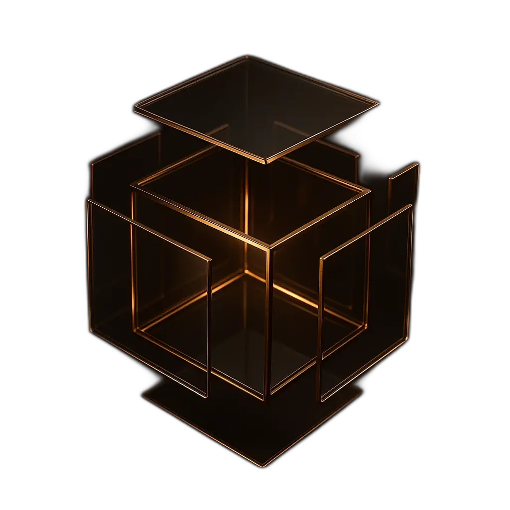 Open cube of smoked glass with glowing bronze edges, surrounded by free-standing frames