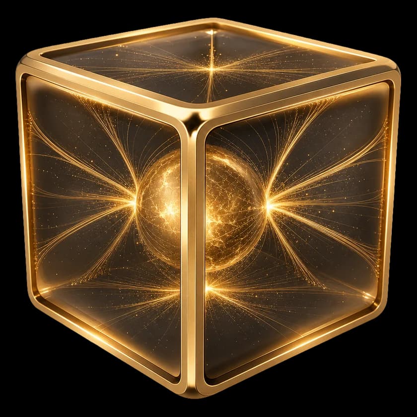 Glaskubus mit Goldkanten und leuchtendem Kern, von dem feine Goldfäden ausgehen, als Bild von KI, die zu den Daten kommt