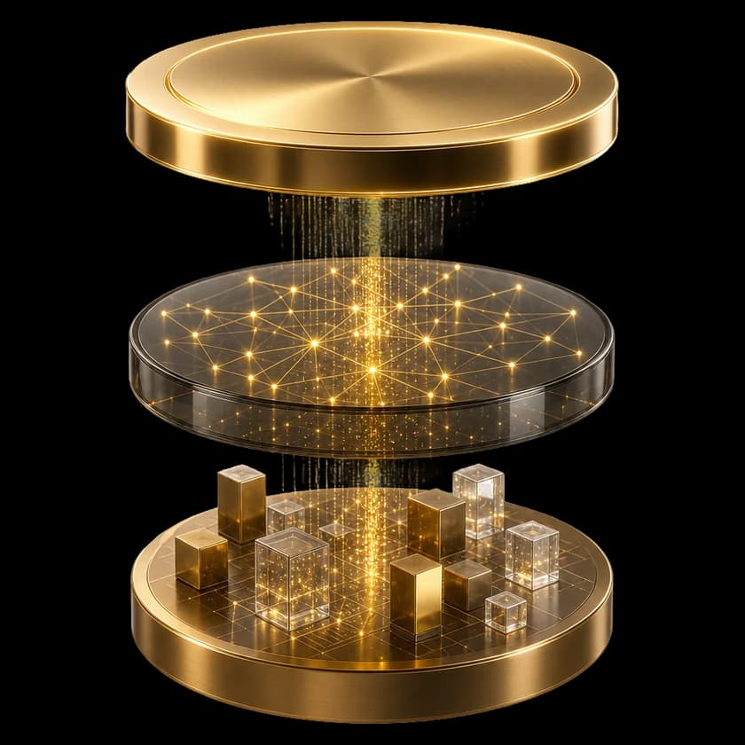 Drei schwebende Ebenen: oben eine Metallscheibe für die Führung, in der Mitte Rauchglas mit goldenem Datennetz, unten eine Bronzeplattform mit Bausteinen; ein Goldstrom verbindet alle Ebenen