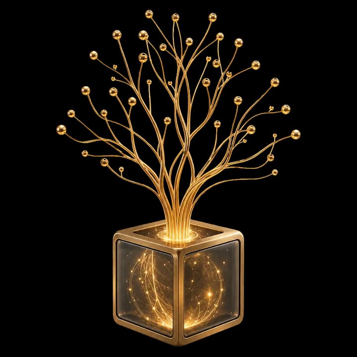 Baum aus goldenen Ästen, der aus einem kleinen Glaswürfel wächst