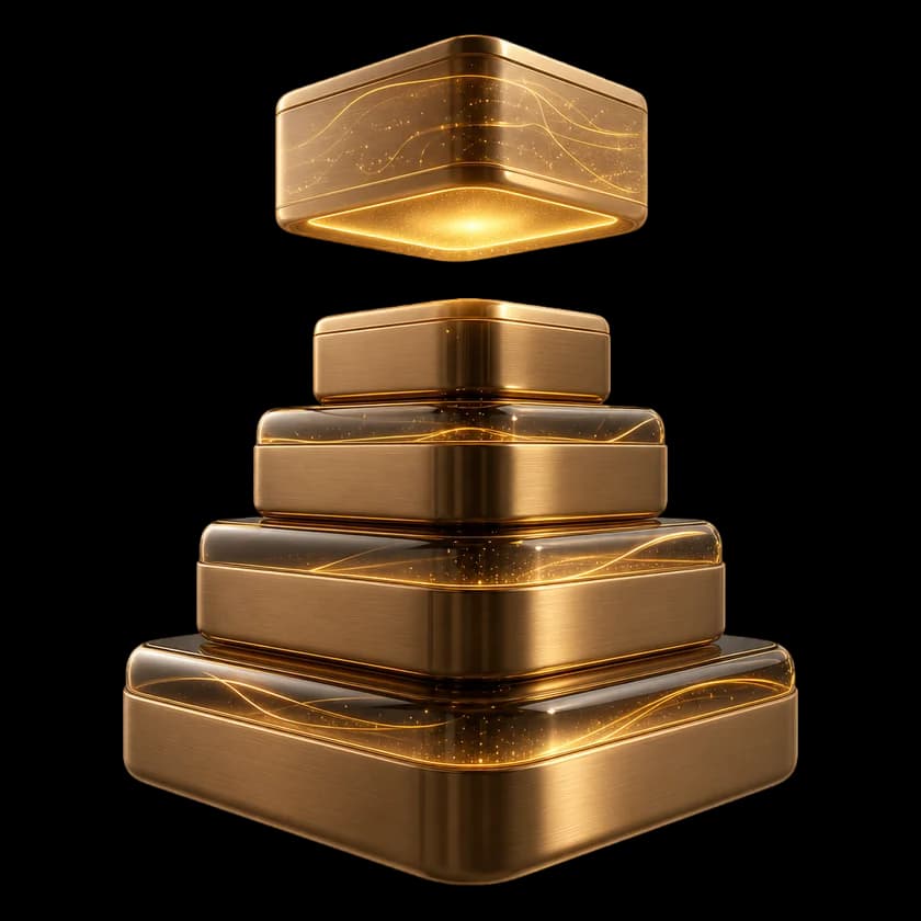 Gestufter Turm aus Bronzeblöcken, der oberste schwebt leuchtend darüber, als Bild von Wissen, das aufgebaut und übergeben wird