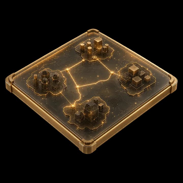 Tafel aus Rauchglas mit Bronzerahmen, auf der Bronze- und Glasblöcke in Zonen angeordnet und mit Goldlinien verbunden sind