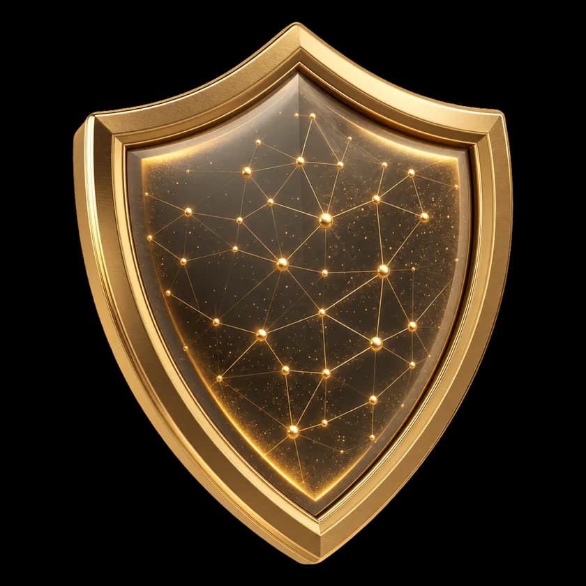 Schild aus Rauchglas mit Bronzerahmen und leuchtendem Goldnetz im Inneren, als Bild einer gesteuerten Datenstrategie