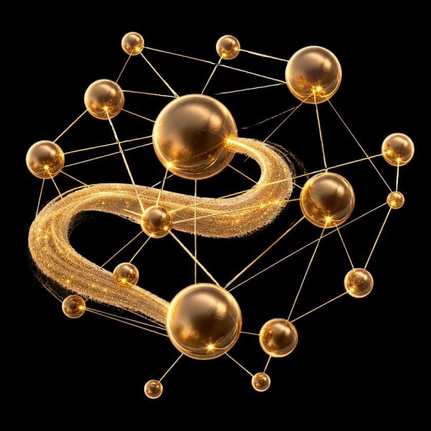 Netz aus Bronzekugeln mit Goldlinien, durch das ein Band aus Goldstaub fließt, als Bild von Datenflüssen
