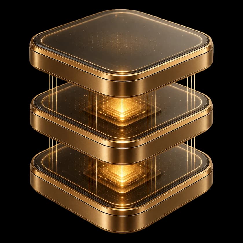 Drei gestapelte Plattformen aus Bronze und Rauchglas mit warmem Lichtkern, als Bild einer souveränen Infrastruktur