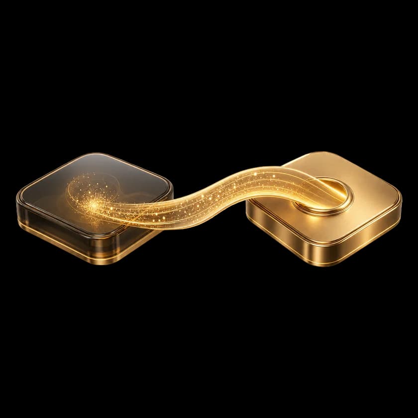 Zwei Plattformen aus Glas und Bronze, verbunden durch eine leuchtende Goldbrücke, als Bild einer begleiteten Migration